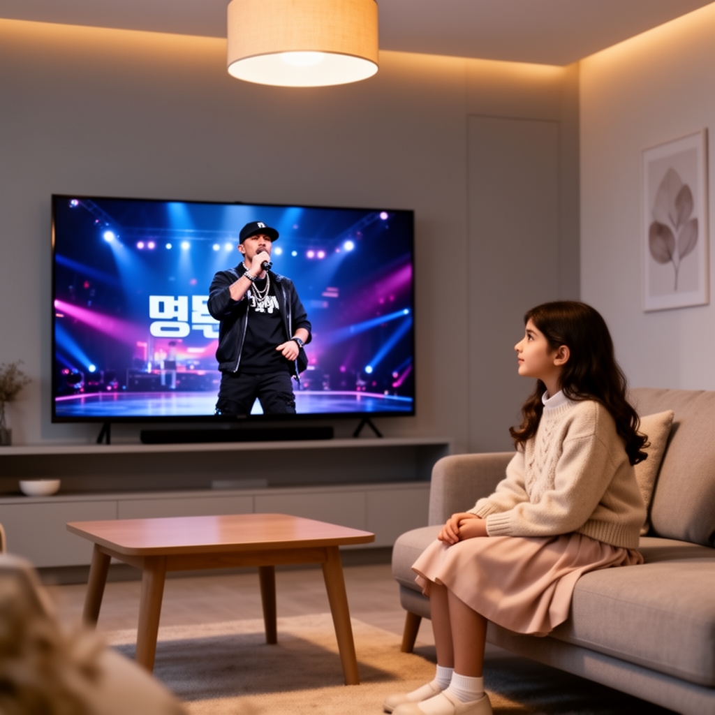 تصویری از یک خواننده رپ کره جنوبی در تلویزیون پخش از شبکه سه و یک دختر در حال تماشا که رو مبل نشسته 1