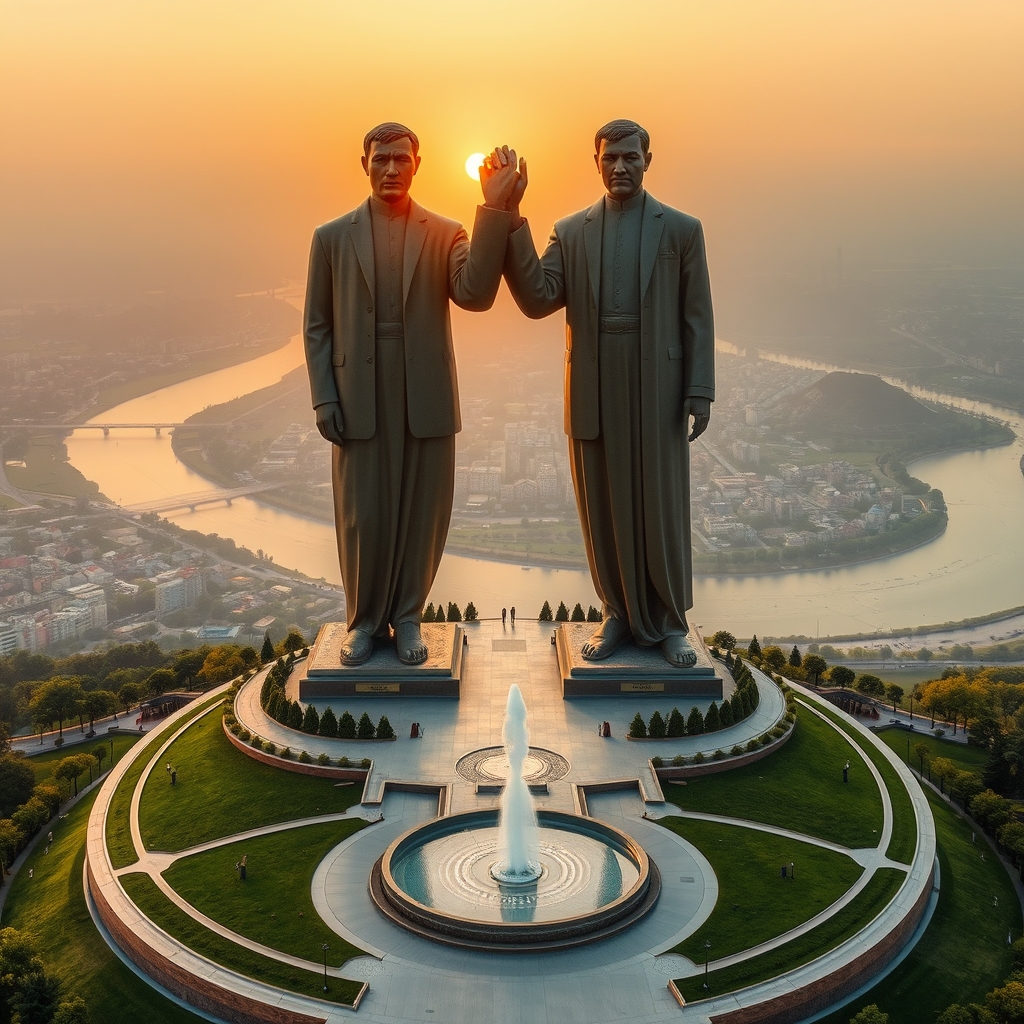 دو مجسمه که قد آنها ۵۰۰ متر و مجسمه اولی دست مجسمه دومی را گرفته و بالا برده و بر اشراف شهر اهواز و رودخانه کارون در میدان بزرگی و شکل میدان مانند تخم مرغ که این دو مجسمه بر نوک آن هستند7