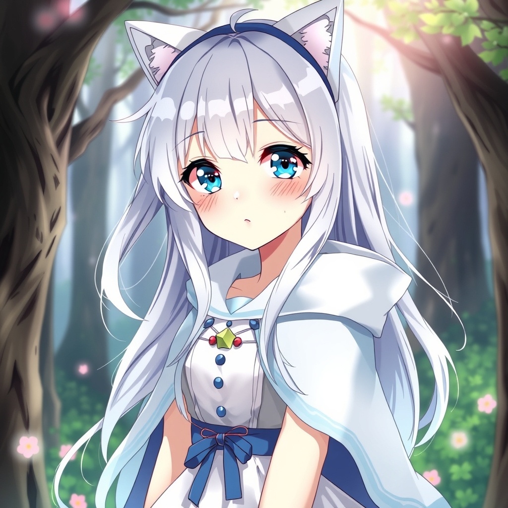 یه دختر با موهای بلند نقره ای و چشمای آبی لب های سرخ و لباس پرنسسی کوتاه تنش که یه شنل سفید و آبی پوشیده و کلاه شنل که گوش گربه ای داره رو گذاشته سرش2