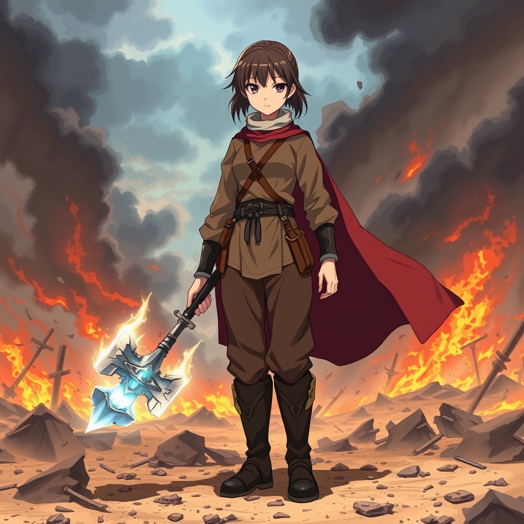 یک دختر در وسط میدان جنگ است و یک لباس سربازی در قرن وسط پوشیده است با چشم های سیاه که یک چکش جادویی در دست دارد 1