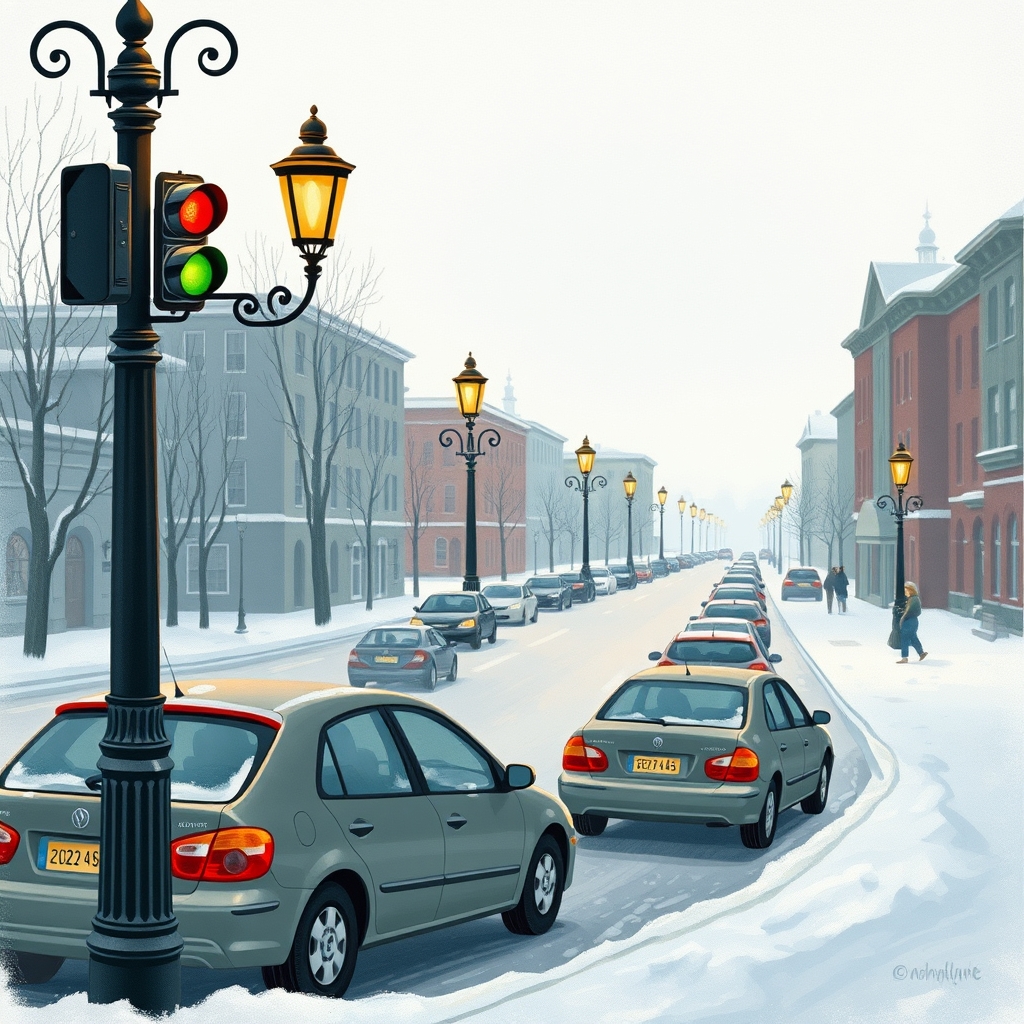 The image depicts a snowy urban scene with parked cars along a snow-covered street, tall street lamps, and a few pedestrians walking. The street lamp on the left has a stoplight attached.0