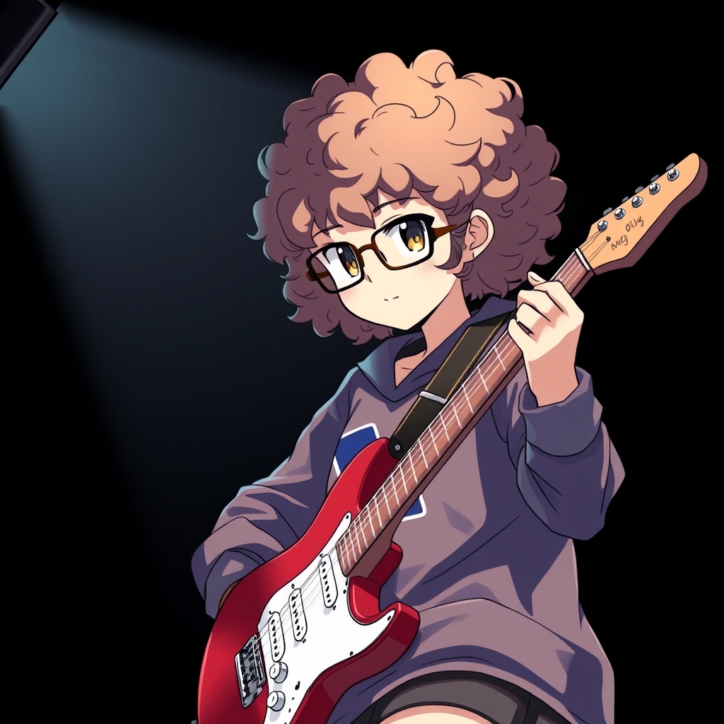 یک دختر مو فرفری با عینک و لباس های اسپرت که روش نوشته M و در تاریکی که با نور چراغ قوه روشن شده و درحال گیتار زدنه 7
