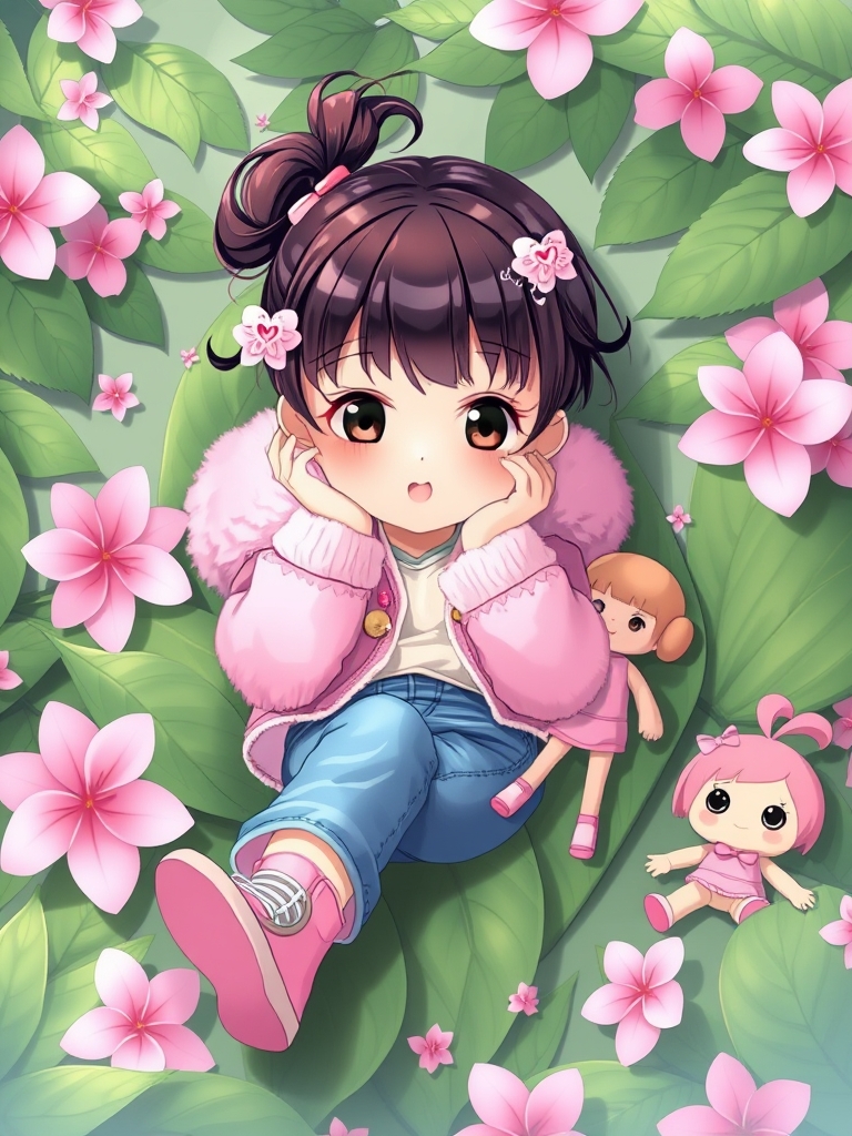 یک دختر ۲ ساله با کاپشن صورتی پشمالو و پوست روشن، کفش و گل سر صورتی و گوشواره های قلبی و شلوار لی روی برگ های سبز بهشت بین گل های صورتی خوابیده روی یک دستش و دور و برش عروسکه با مو های گوگولی 14