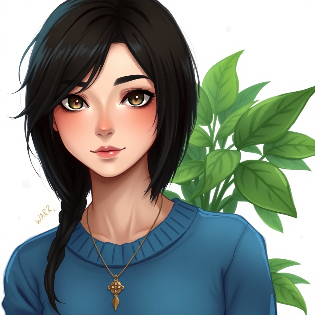 The image shows a person wearing a blue sweater and a necklace, standing in front of a green plant against a white background. The person has dark hair and is looking directly at the camera.15