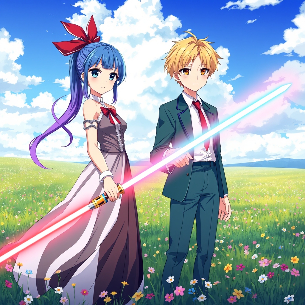 دختری ۲۱ ساله که موهایش آبی روشن و پایین موهایش  بنفش است آنها را دم اسبی که با  یک  پاپیون قرمز که نخ های بلند دارد بسته چشمانی خاکستری و کریستالی رنگ است لباس مجلسی خاکستری و سفید و مشکی پوشیده در دست راست او شمشیر لیزری آبی کمرنگ است در پشت سر او یک پسر ۱۹ ساله یا موهای زرد کوتاه که روی لباس  سفید یک کت و شلوار سبز تیره و یک کروات قرمز پوشید وایستاده است در دست پسر هم یک شمشیر لیزری قرمز است هوا نیمه ابری است و پشت زمینه آنها فضای باز و پز از گل های کوچک و رنگی است 3