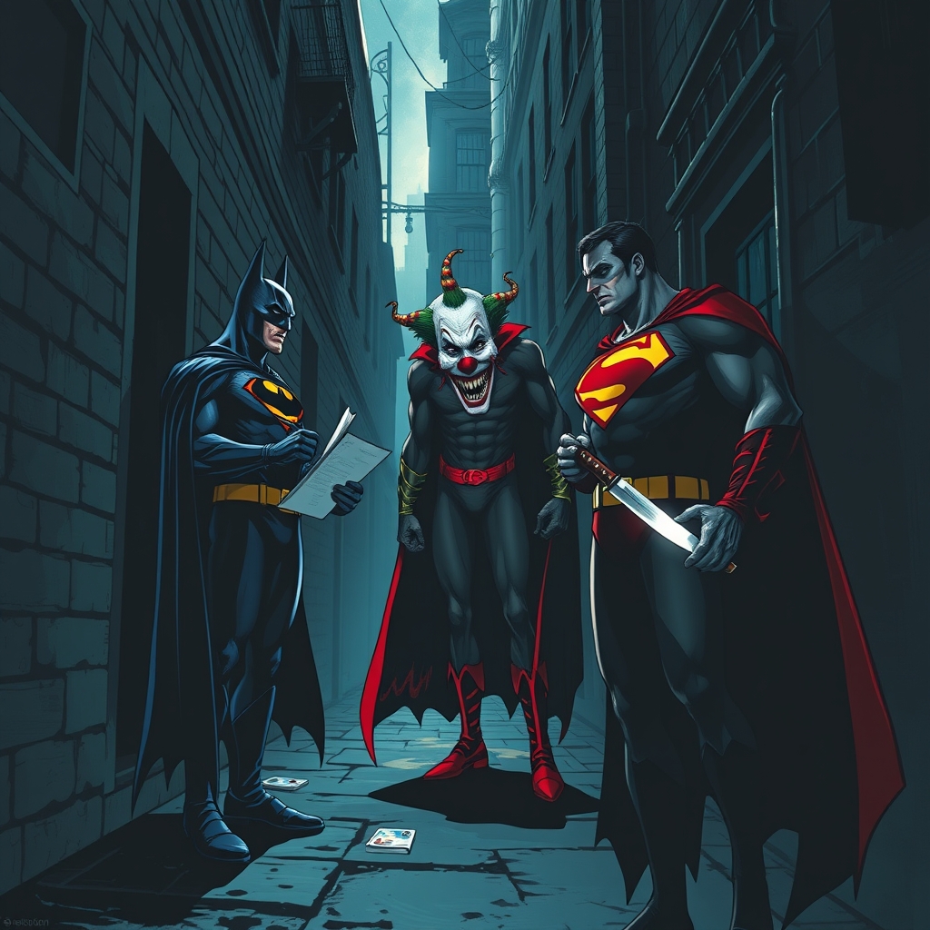 بتمن درحال کشیدن سوپرمن در خیابانی خلوت که یک دلقک با چاقو به او حمله میکند.14
