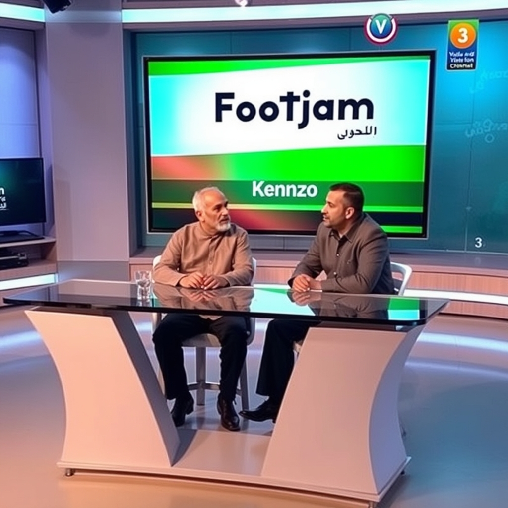 یک سالن خبرگزاری برایم درست کن که صدا و سیما شبکه سه ایران باشد صفحه دیجیتالی باشد و نوشته باشد FooTjam و کنار نوشته باشد کنزو به انگلیسی میز دیجیتالی باشد دو صندلی باشند که دو مرد نشسته درحال صحبت هستند و لیوان روی میز باشد7