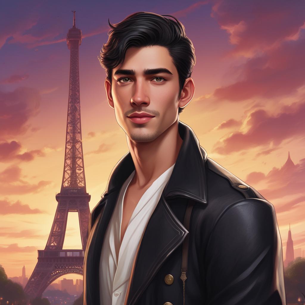 یک مرد جوان حدود ۱۹ سال که ریش کم پشت دارد و موهایی حالت دار مشکی براق و چشم و ابروی مشکی و لبخندی گرم کنار برج ایفل 15