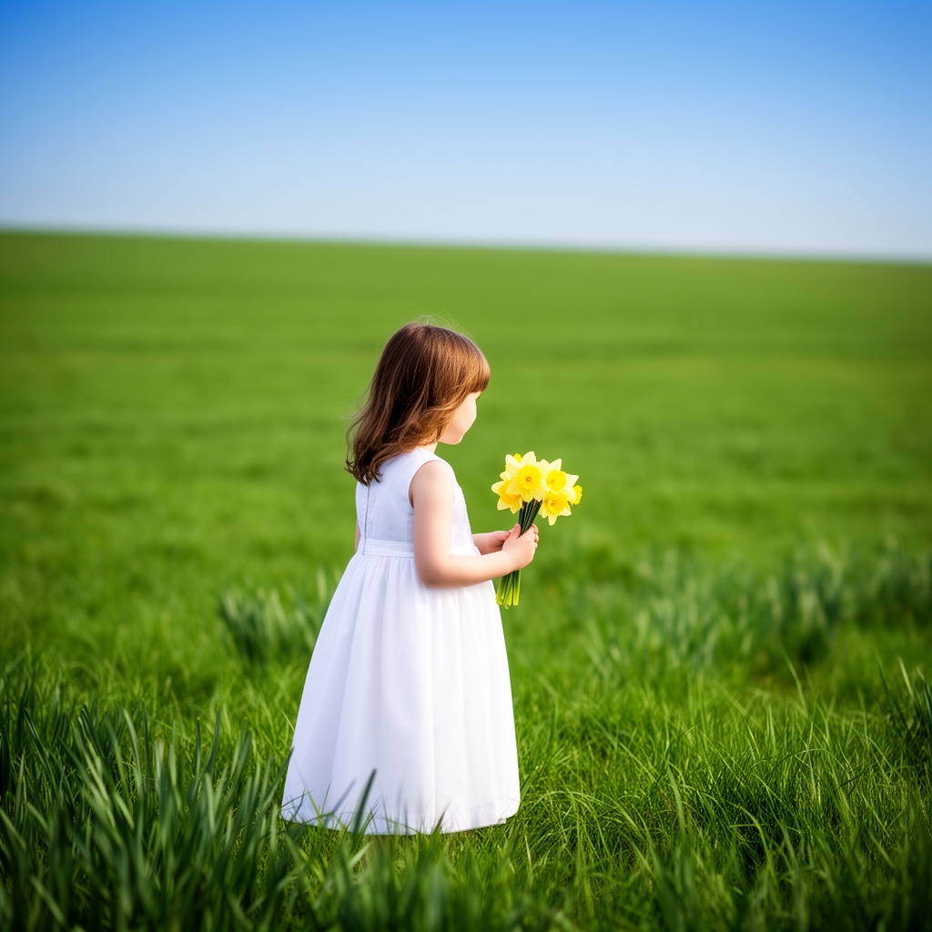 یک دختر لباس سفید پوشیده و پشت دوربین یک
 دسته گل نرگس دستشه و داره به چمنزار نگاه می‌کنه1