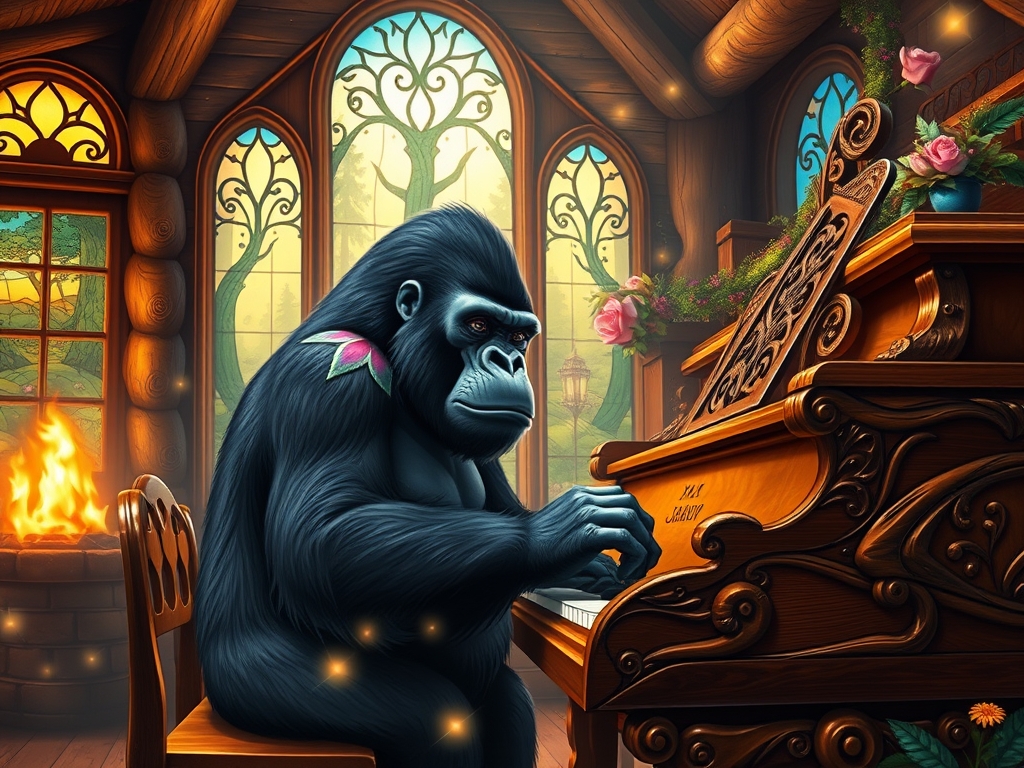 یک گوریل در حال نواختن پیانو در کلبه چوبی با پنجره های بزرگ و نورانی و زیبا3