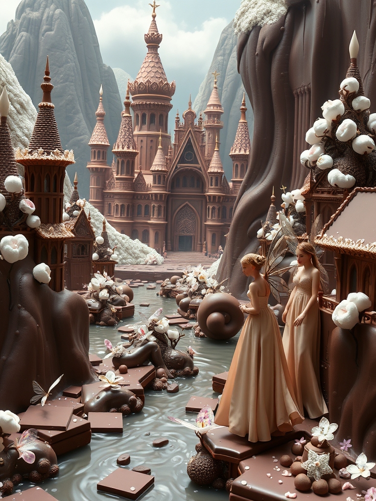 شهر شوکولاتی با رودخانه شکولات کاکائویی و قصر سلطنتی و با عظمت و شکوه شوکولات کاکائویی و درختان پشمکی و مارشملویی اسرارآمیز و سحرآمیز که پریان کوچک و زیبایی با پیراهن های حریر و زیبا و بال های زیبای شیشه ای و فانتزی در آن شهر کار میکنند 16