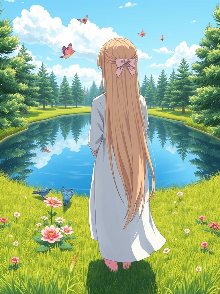 یک دریاچه دور دریاچه چمن کوتاه سبز مغز پسته‌ای بر فراز دریاچه یک پرنده آبی و یک پرنده صورتی روی چمن‌ها ۶ تا گل باشه گل صورتی و قرمز درخت‌های کاج دور دریاچه را احاطه کرده باشند از پشت موهایش مجد بلند و طلایی یک پاپیون روی موهایش به رنگ صورتی کمرنگ زده باشه روانه‌ها دور دختر حلقه زده باشند لباس دختر سفید باشه موهاش تا پایین کمرش باشه زاویه دوربین از لای درختان باشه هوا آفتابی باشه تصویر باشه با کیفیت بالا رویایی باشه تصویر از پشت بالا20