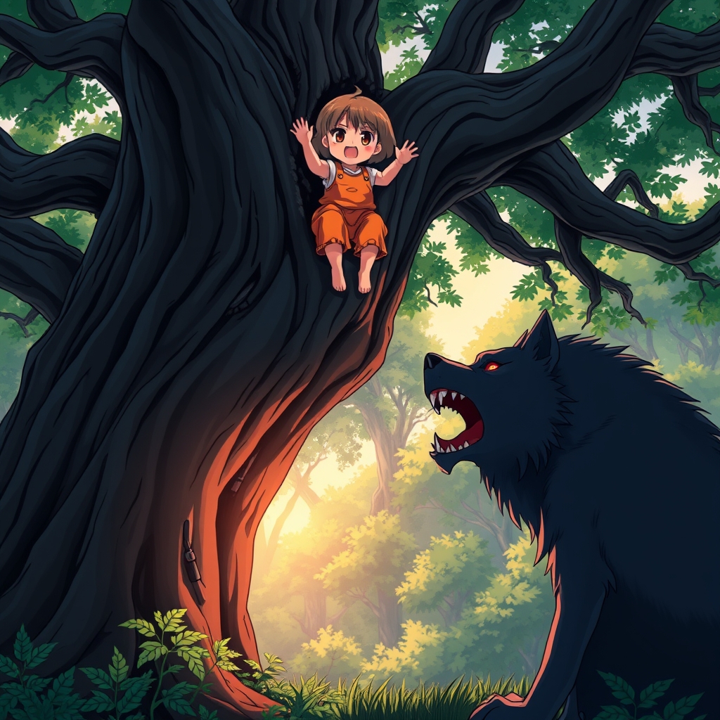 یک بچه که در درختی گیر کرده ویک گرگ ترسناک کنارش زوزه می کشد که بخورتش
5