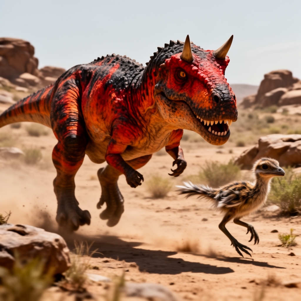 یک کارنوتاروس با پوست سفت و زبر با رنگ قرمز و نارنجی و سیاه و دوشاخ درست بالای چشماش درحال شکار کردن یک دایناسور کوچک2