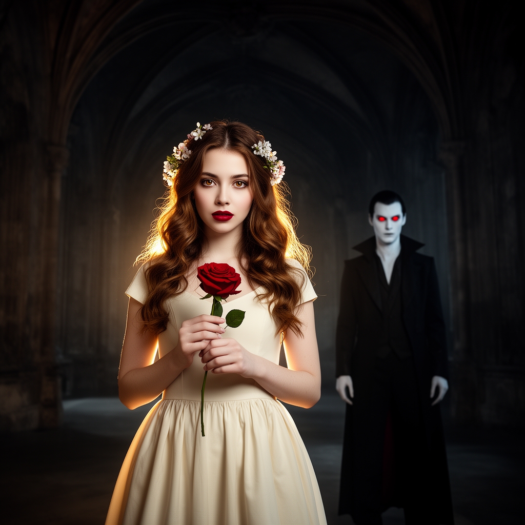 زیباترین زن جوان در جهان حتی در رویایی که شکوه خدا را داشته باشد که نظیر آن در دنیا نباشد و همه به او از شدت زیبایی به او سجده کند که با موهای خرمایی حالت‌دار  بلند  و با چشمان عسلی  و با لبانی سرخ  و با پوستی سفید به رنگ برف که پیراهن کرمی دامن‌دار کمی پفی رنگ زیبایی باشد که لای موهایش شکوفه زیبایی باشد و در دستش گل رز قرمزی باشه و پشت سرش تالار تاریک و اسرارآمیز و پشت سرش مرد جوان خوناشام هیولا مانندی با چشمانی سرخ و و با موهای مشکی رنگ با قامتی بلند وبا پوست سفید 1