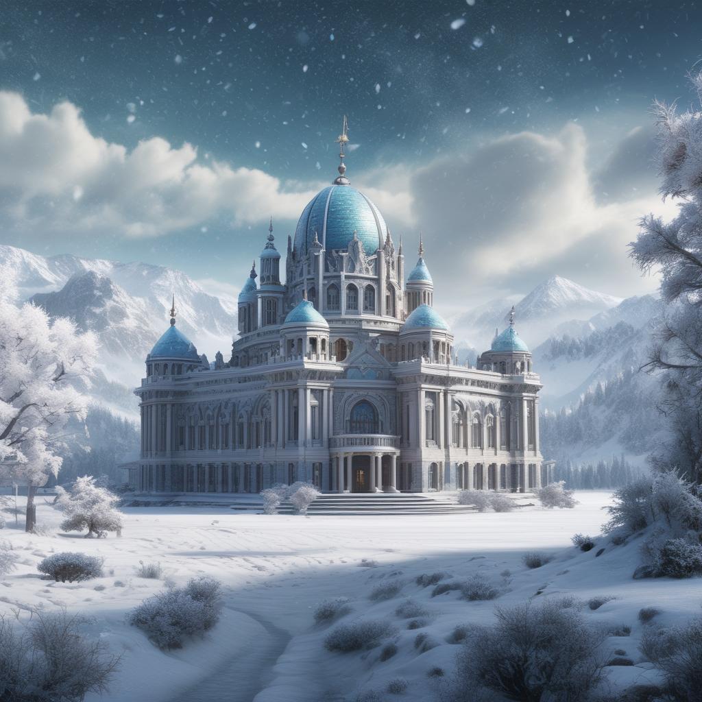 قصر یخی و زیبا که زمینش برفی باشد و دروبرش کوه داشته باشد و برف روی او و آسمان در حال برف آمدن باشد 5