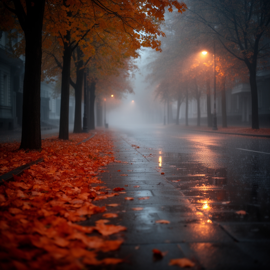 زاویه دید عصر بارانی با برگ های نارنجی روی زمین پیاده رو و درخت هایی با برگ های زرد و نارنجی5