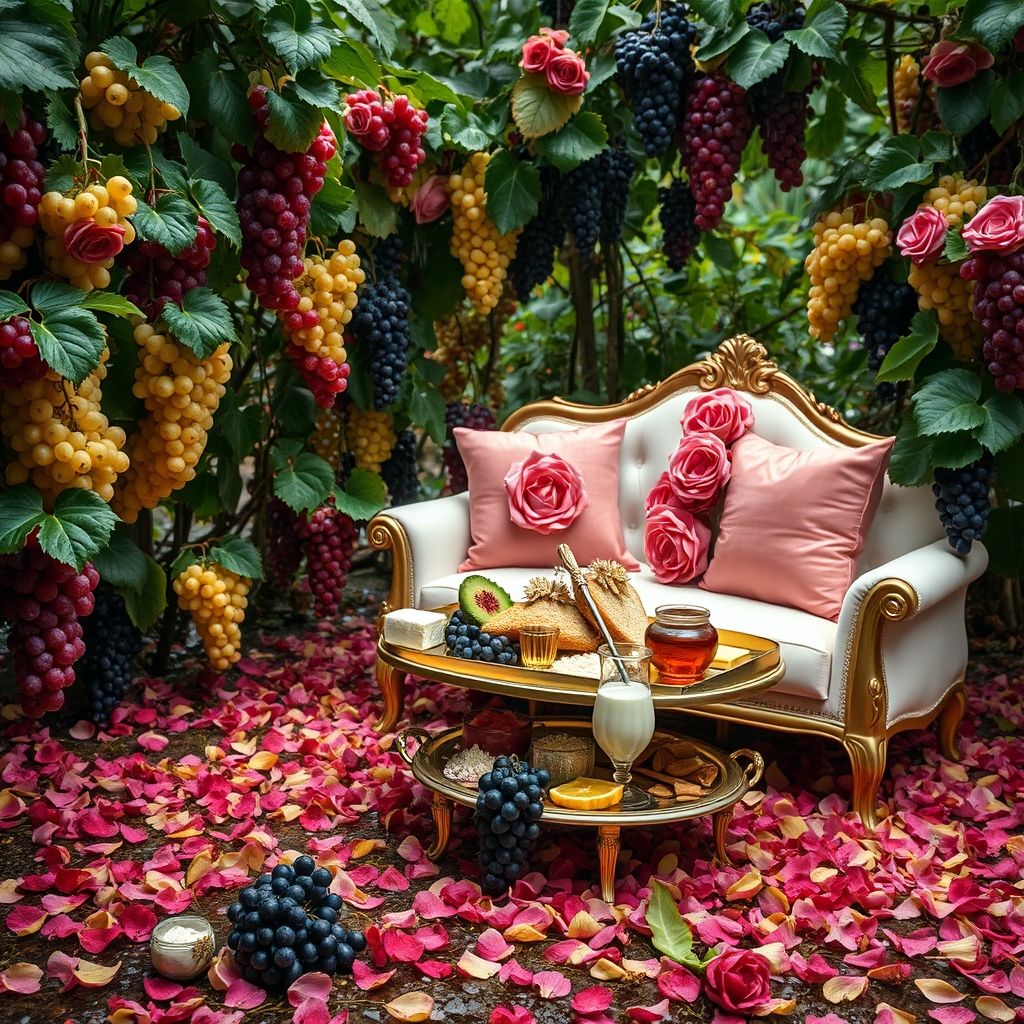 باغ بارانی پر خوشه های انگور در رنگ های سرخ زرد سفید سیاه زمین هم پر گل سرخ و خوشه انگور با یک میز طلایی و کاناپه سفید نرم با کوسن های صورتی تزیین شده با رز صورتی و سینی نقره پر نان کره خامه عسل میوه شیر شیر برنج
شیره خرما و انگور16