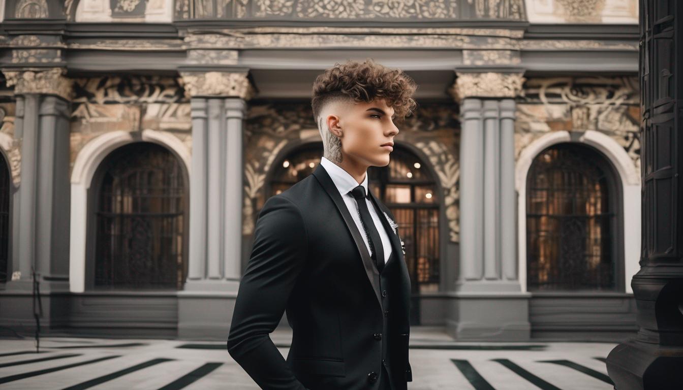 پسری با بدنی هیکلی با کت و شلوار سیاه و موهای فر و کوتاه با تتو و با چهره ای کشیده و زیبا در ساختمانی شیک 23