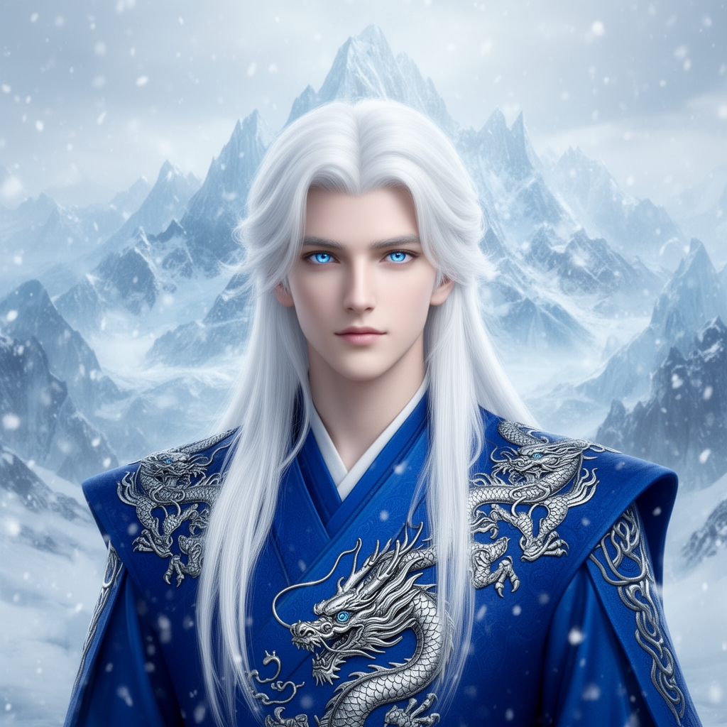 زیباترین مرد جوان در جهان حتی در رویایی که شکوه خدا را داشته باشد که نظیر آن در دنیا نباشد که همه از شدت زیبایی به او سجده کنند که با چشمان کریستالی آبی رنگ که در مردمکش دریا واقع شده است و با پوستی سفید همرنگ برف که با موهای سفید رنگ بلند که با لباس سلطنتی ابی که اژدهای نقرهای رنگی بر روی آن حکاکی شده باشد زیبایی باشد پشت سرش کوهستان یخی باشد و برف هم در حال باریدن باشد5
