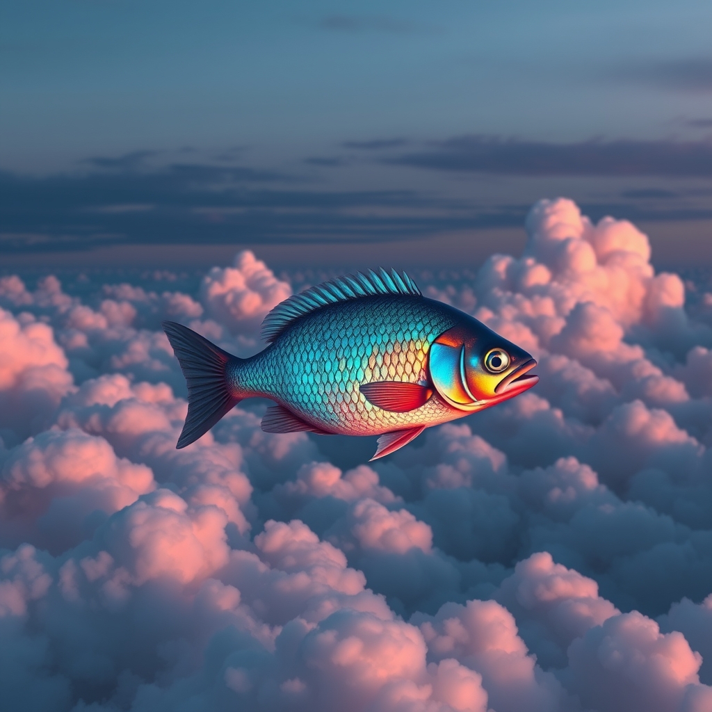 تصویری سورئال از یک ماهی در حال شنا در دریایی از ابرها زیر آسمان گرگومیش.14