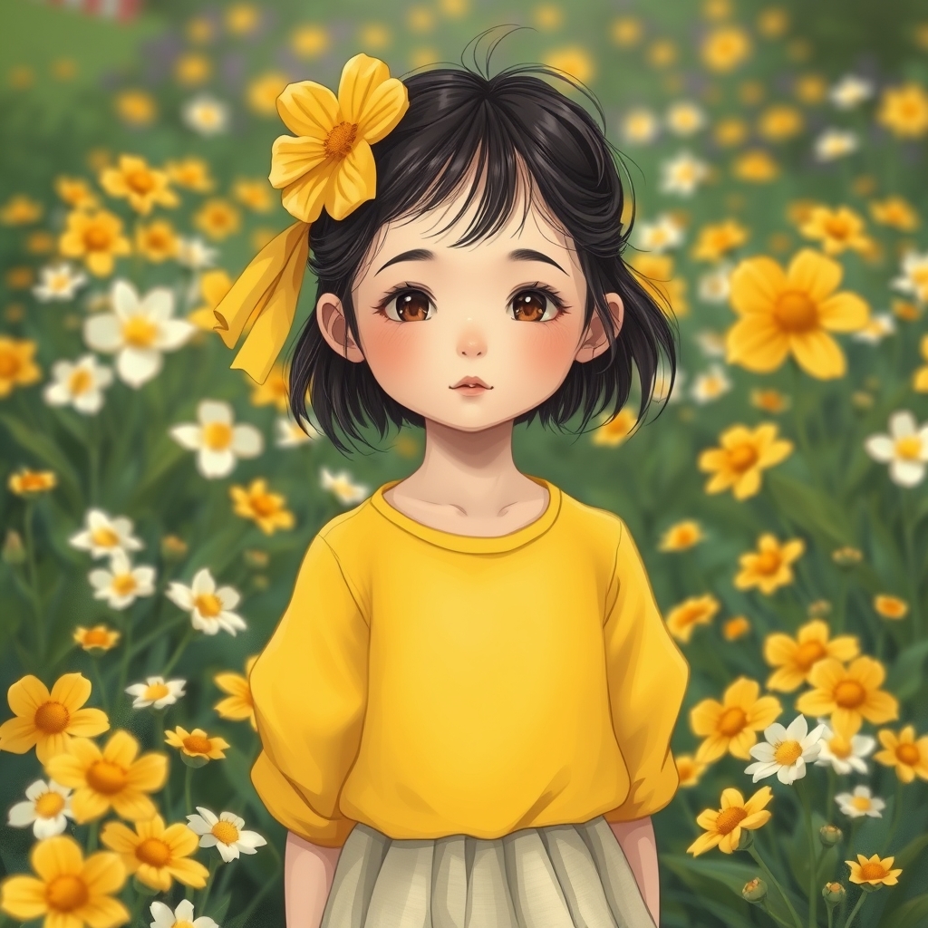  دخترانیمه ای با استایل زرد در یک باغ پر از گل های زرد و سفید4