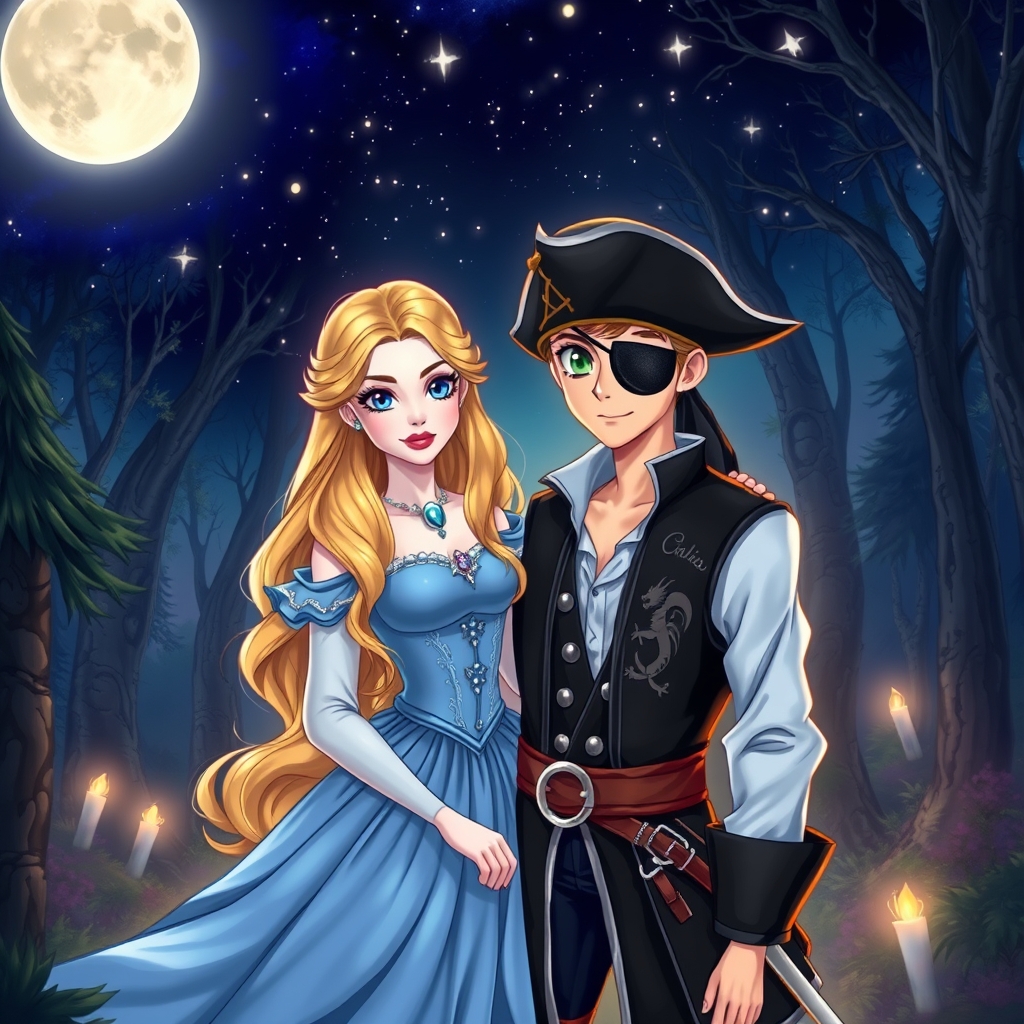 زیباترین بانو در جهان حتی در رویایی که شکوه خدا را داشته باشند که با چشمانی آبی و با پوستی سفید باشد که همانند ماه باشد که با موهای بلند طلایی رنگ باشد که با لبانی سرخ باشد که با لباس پفی به رنگ آبی ناز که جواهر دوری شده باشد برتن داشته باشد  که در کنارش زیباترین مرد جوان در جهان حتی در رویایی که با چشمانی سبز رنگ که در مردمکش دشت سر سبز باشد وبا پوست سفید چشم بند دزد دریایی ولباس دزد دریایی مشکی که طرح اژدها بر تن داشت جنگل اسرار آمیز  باشد و ستاره ها در آسمان بدرخشد ببینیم رویایی چیکار می‌کنه 5