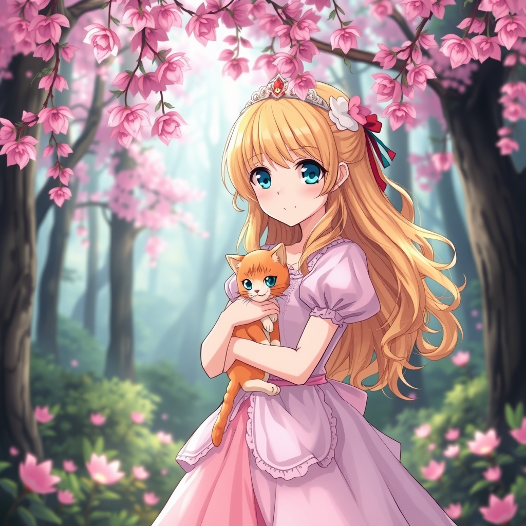 زیباترین دختر دنیا با مو های طلایی و با چشم های فیروزه‌ای  که یک گربه ی نارنجی در بقل دارد و لباس پرنسسی پوشیده است و پس زمينه ی آن یک جنگل زیبا که گل های صورتی از بالا می‌بارد 0