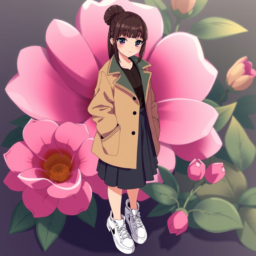 یک خانم خوشتیپ صورت خیلی زیبا وباچشمان مشکی با کت و دامن  کفش اسپرت سفید و در کنار یک گل زیبا
2