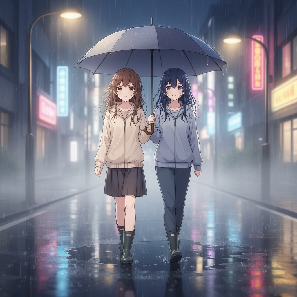 دو تا دختر که دوست صمیمی هم هستند و دست هم رو گرفته و دارن توی شب هوای بارونی بایک چتر و زیر یک چتر بالب مایل به خندان راه میروند
3