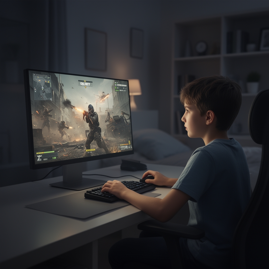 پسری که روی میز کامپیوتر دارد بازی کالاف میکند1