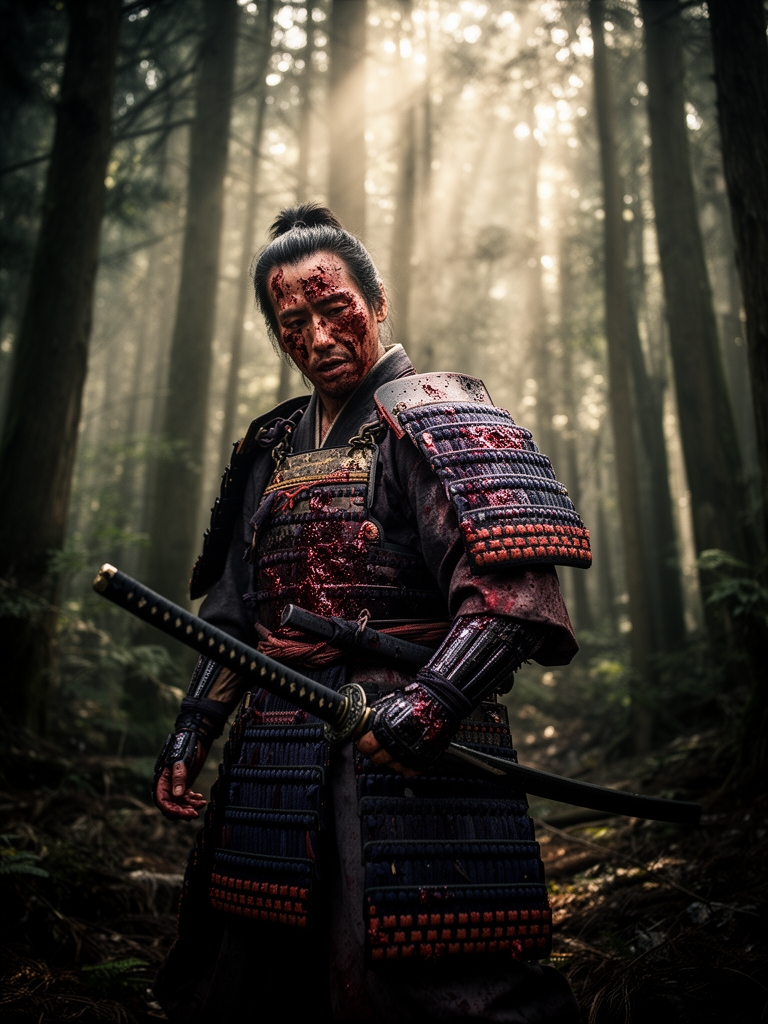 تصویر یه سامورایی خسته رو برام بساز که کلی زخم روی بدنش داره و تمام بدنش پر خونه، بالباس رزم باشه، توی جنگل و شمشیر به دست 2