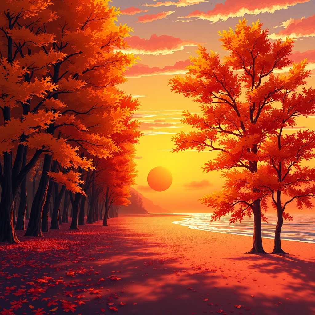 ساحل زیبا در کنار و درخت در حاشیه تصویر بزرگ های درخت زرد و سرخ و نارنجی به تدریج در حال ریزش و خورشید سرخ در حال غروب و آسمان به رنگ زرد و سرخ و نارنجی است 18