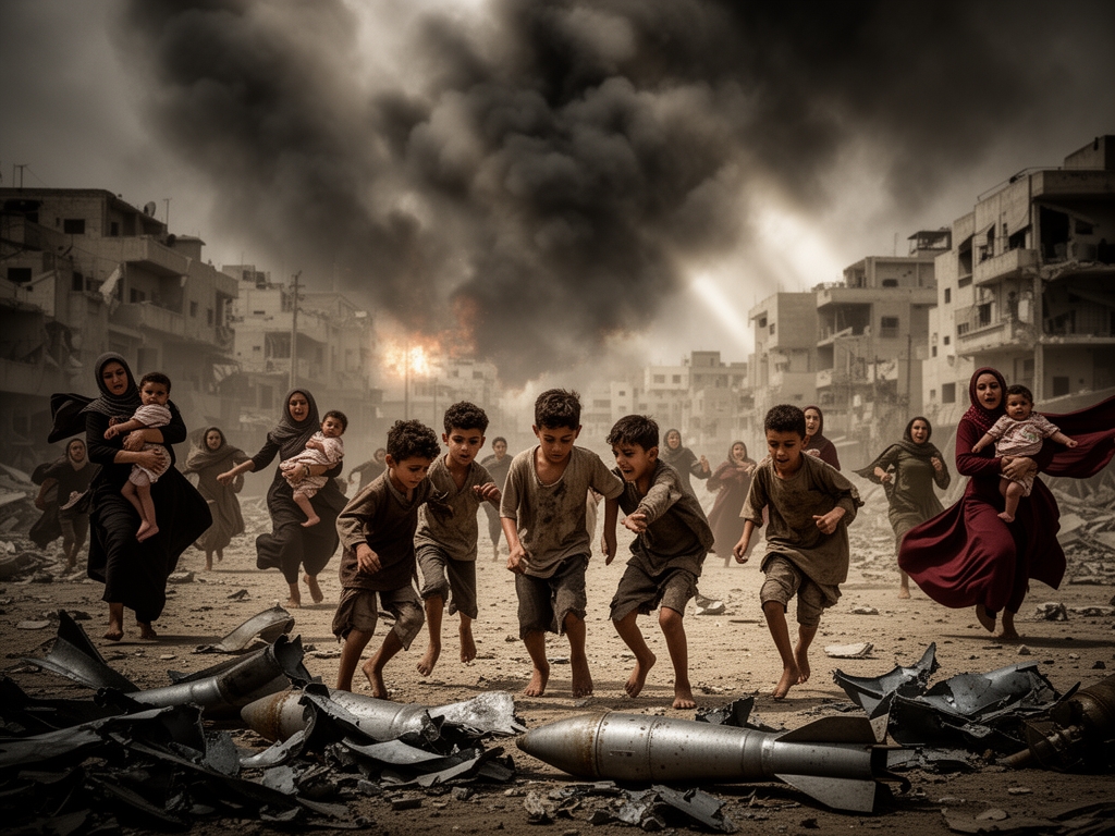 کودکانی که در میان موشک باران شهر جنگ زده غزه،که دود های غلیظ تمام آسمان را سیاه کرده اند،بدون هیچگونه توجهی به بازی کردن و کودکی مشغولند.آنان در میان آهن پاره های باقیمانده از موشکها،کودکی را سُر میخورند،بی آنکه حتی لقمه ای نان برای خوردن داشته باشند.و در آنسوی شهر گویی گودالی عمیق از نور تمام شهر را گسترده و بدنبال آن در اطرافش چه مادرانی که فرزند در آغوش خود به این سو و آن سو هراسان میدوند.4