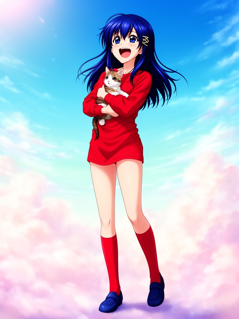یک دختر ۲۰ ساله با مو آبی پررنگ و چشم آبی پر رنگ و لباس آستین بلند قرمز و جوراب بلند قرمز و کفش آبی پررنگ و یک گیر مو سمت راست مو اش در حالی که میخنده و یه بچه گربه تو بغلش و داره به آسمون نگاه میکنه1