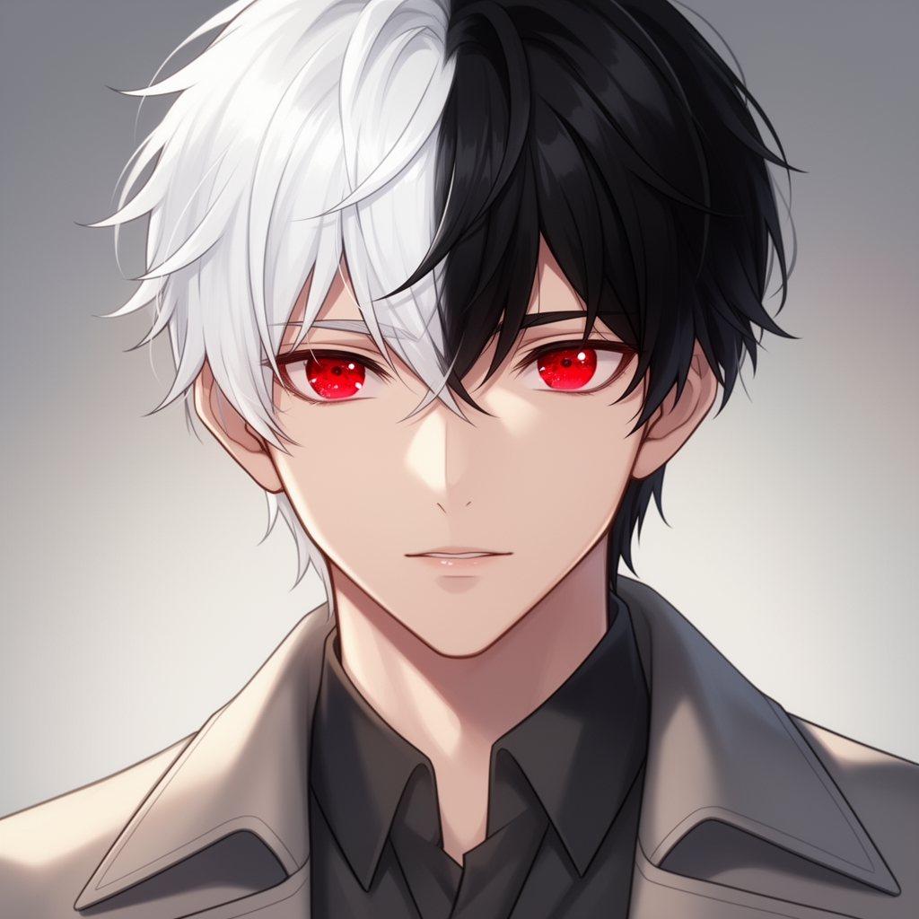 یک پسر ۱۸ ساله ی انیمه ای که چشمش عین یاقوت بدرخشد و قرمز باشد کت تنش باشد و نصف مو های او سفید و نصف دیگری سیاه باشد.4