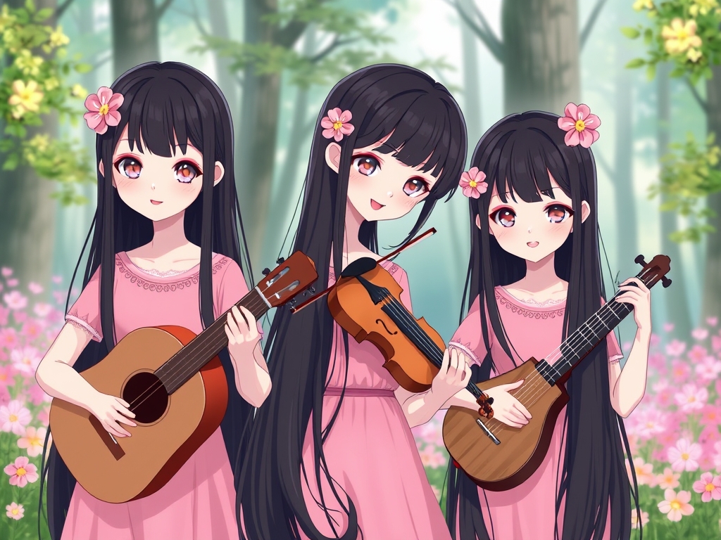 عکس سه تا دختر شبیه به هم با مو های خیلی بلند و سیاه دارند و هر سه تاشون روی مو هایشان گلسر های صورتی به شکل گل دارند  و چشم های صورتی  و لب های سرخ و لبخندی ملایم و لباس های هر سه تاشون صورتی است که یکی گیتار می نوازد و یکی ویولن می نوازد و یکی سنتور می نوازد و در حال نواختن ساز هایشان هستند و پشت آنها جنگل پر از گل است 11