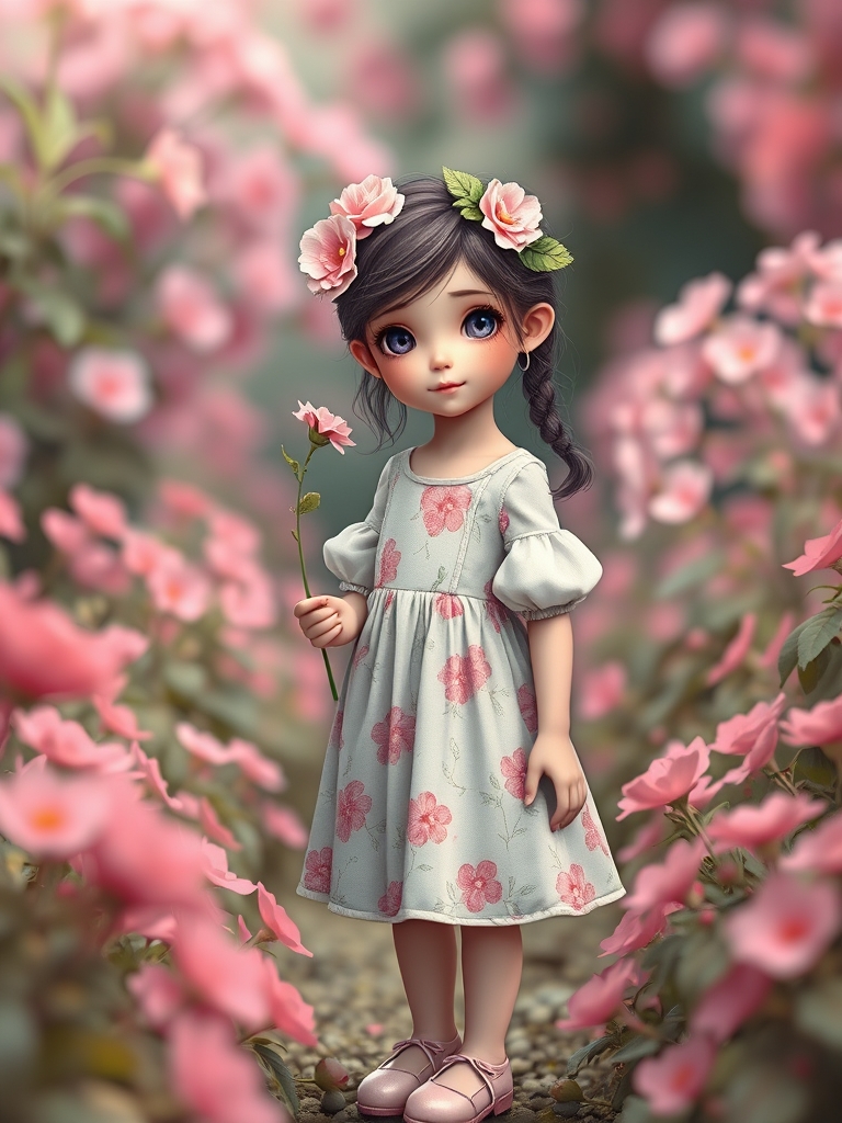 دختر زیبا با لباس گل گلی و گل سر گل و فضای پر گل موی صورتی و کفش صورتی یه گل تو دستش5