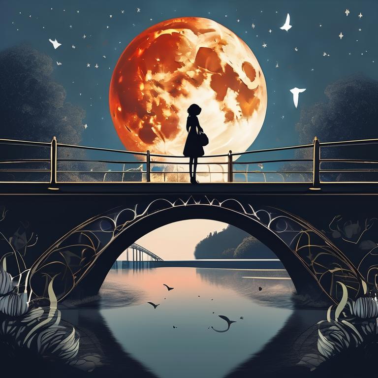 دختر کفشدوزکی روی پلی ایستاده و دارد به ماه بزرگ نگاه می کند 13