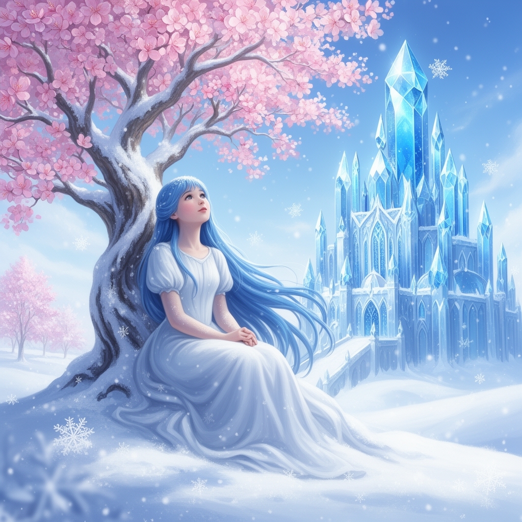 یک شاهزاده که دختر باشد با موهای ابی که با یه درخت گل دار صورتی رو تاب نشسته باشد و همه چیش از برف درست شده باشد و انجایی که دارند نگاه میکنه یه قصر که از الماس ابی درست شده باشد3