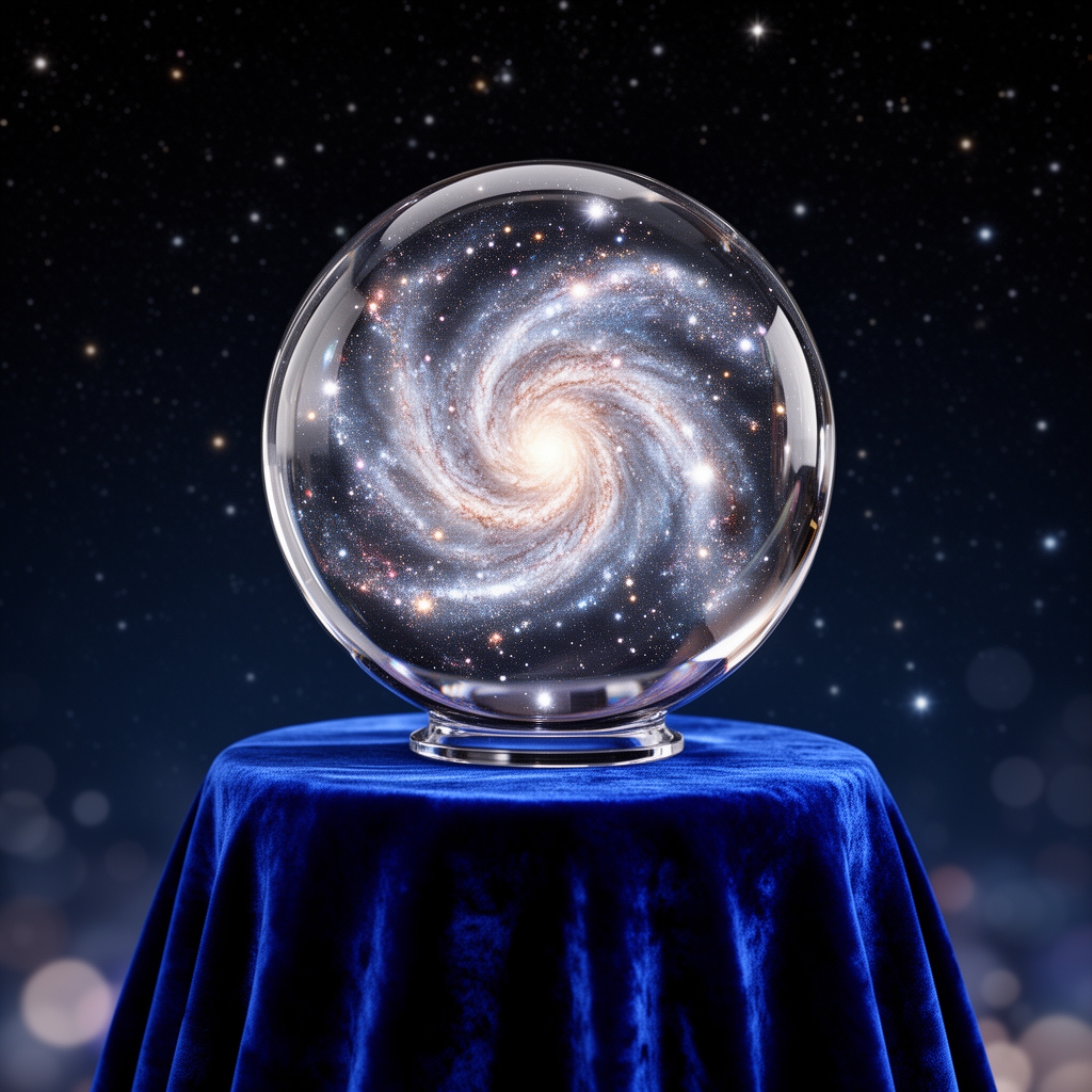 یک کره شیشهای پر از کهکشانهای چرخان، قرارگرفته روی پایهای مخملی به رنگ آبی. 5