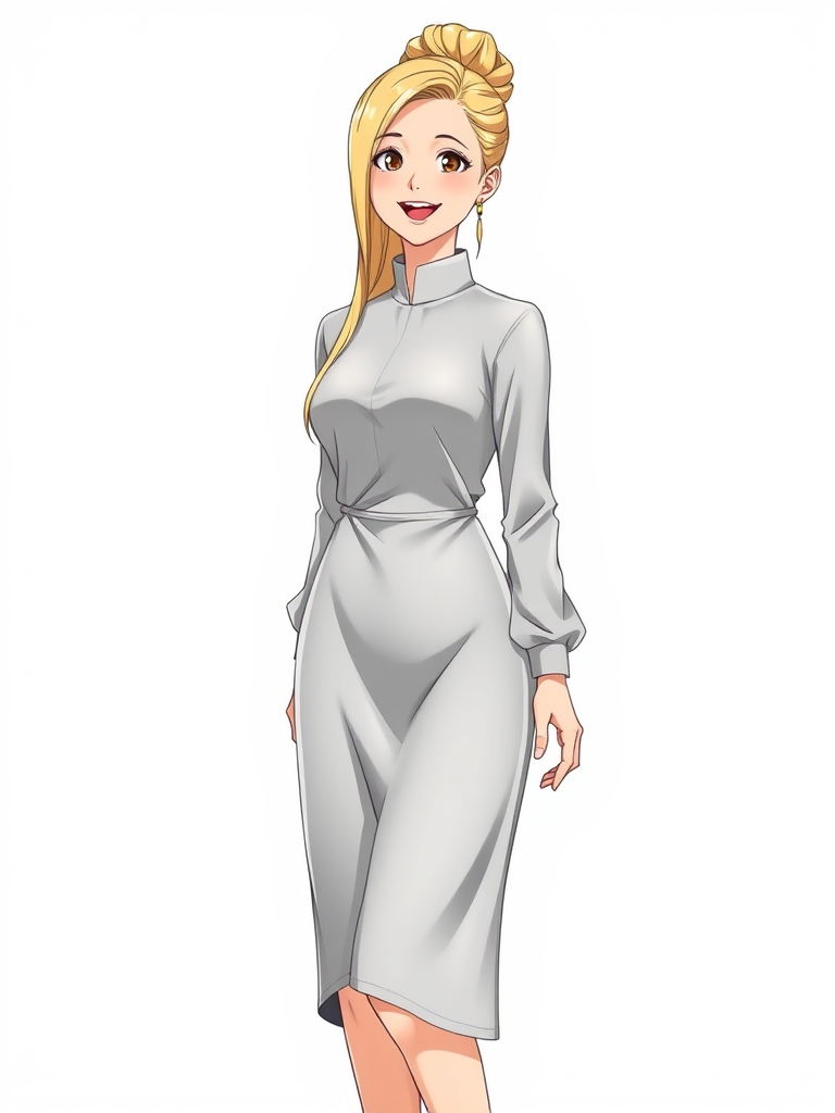 یک خانم 45 ساله با قد190 و لاغر با صورتی کشیده و چهره ای امیدوار و دستپاچه پیراهنی زیبا و تور به رنگ نقره تی پوشیده موهای بلند و صاف صاف و کم پشت داشته باشه موهاش بلوند باشه و آرایش زیبایی کرده باشه و رژ لب خیلی قرمز زده باشه و کفش پاشنه بلند و مشکی براق و چشاش قهوه ای پس زمینه نقره ای و موهای مشکی بلند و صاف که به روش زیبایی پشت سرش جمع شده20