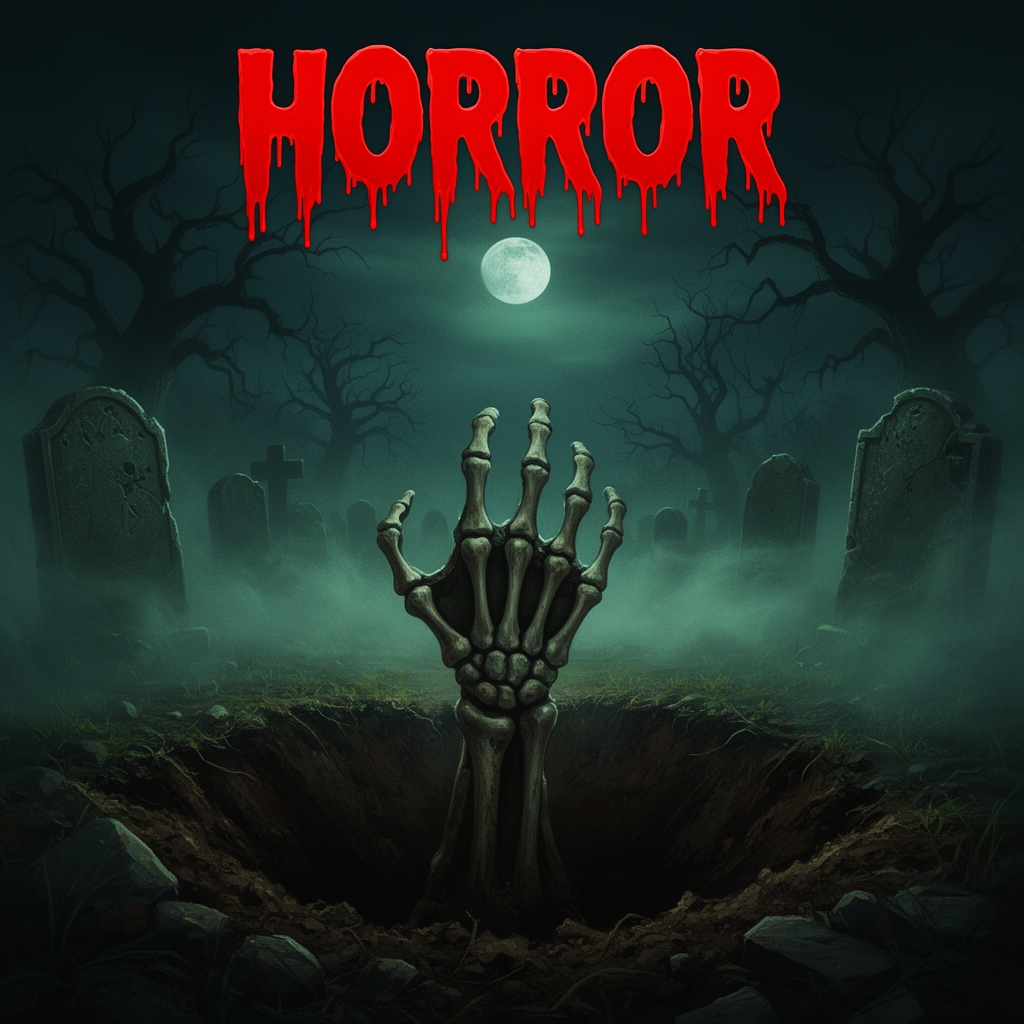 طراحی پوستر فیلم ترسناک با دست زامبی که از قبر بیرون آمده، مه غلیظ، فونت قرمز و خونآلود کلمه "HORROR" در بالای تصویر.0
