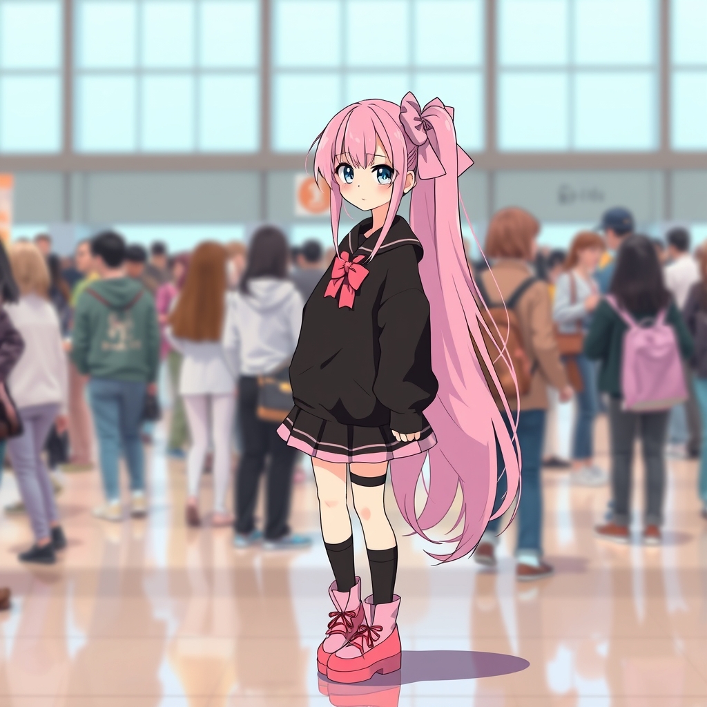 یه دختر با موهای صورتی بلند ک🎀 روی موهاش هست و لباس های 👢👗مشکی و صورتی (مهم) پوشیده و توی ی مکان شلوغ هست. عکس سرتاپا5