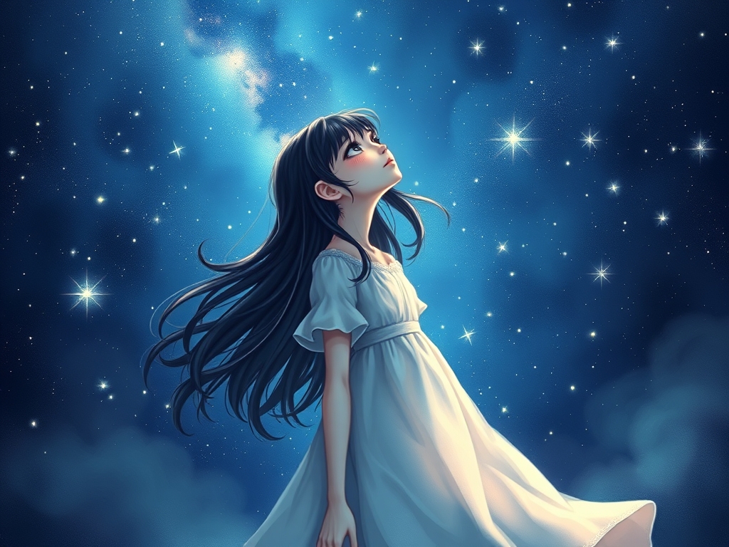 شب پرستاره ون گوگ ، دختری با پوست سفید موهای مشکی به ستاره ها نگاه میکند12