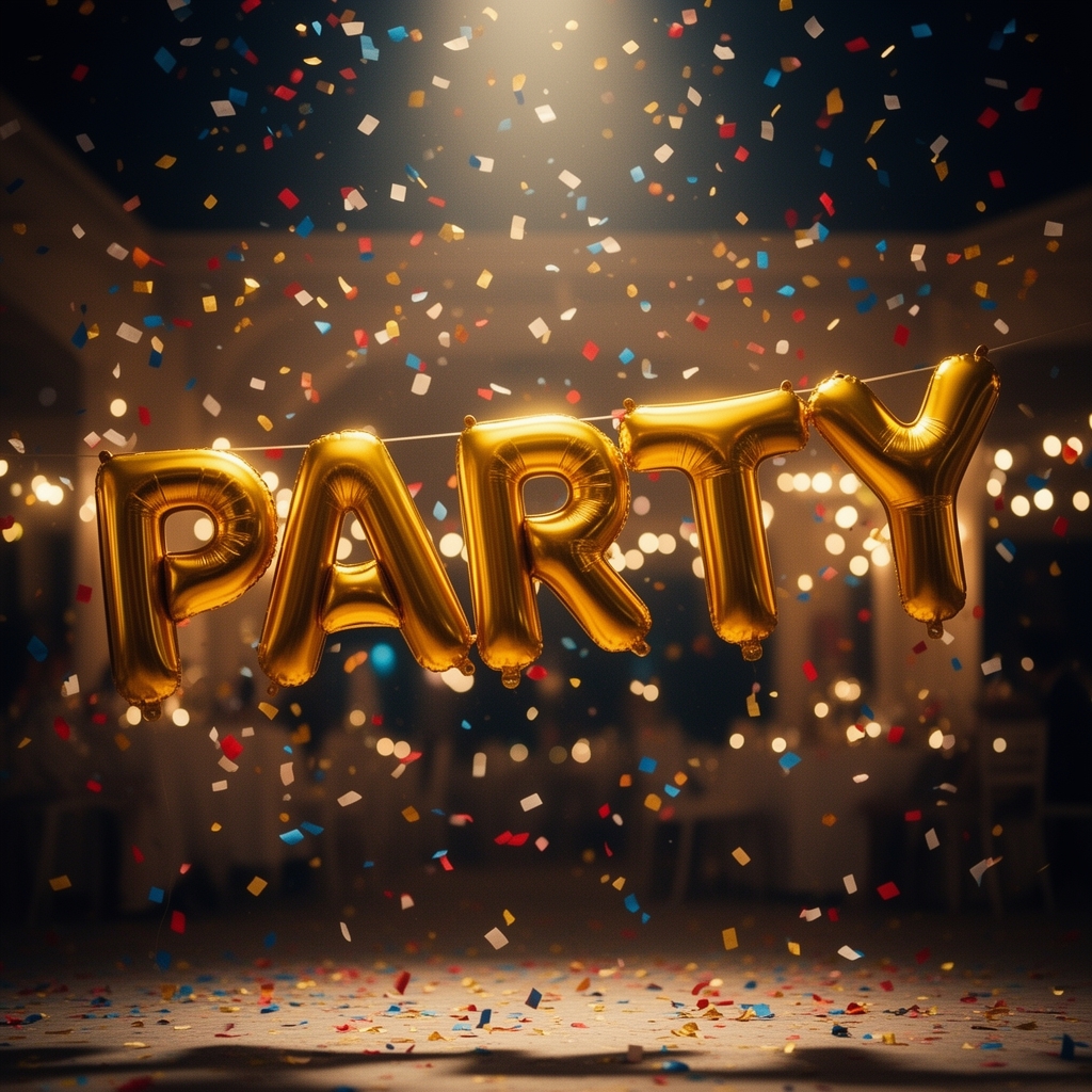 نوشته سه بعدی و بادکنکی طلایی رنگ کلمه "PARTY" که در هوا معلق است، کاغذ رنگیها (Confetti) در اطراف ریخته شده، پسزمینه جشن.1