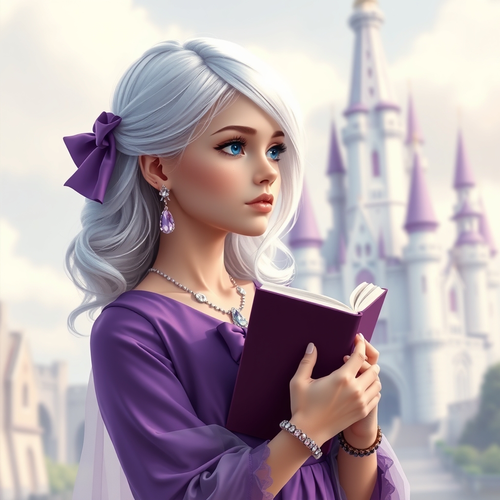 یک دختر ۱۸ ساله با موهای سفید که پایینش به رنگ یاسی است و چشمانش آبی است و لباسی بنفش سلطنتی و خاص با جواهرات زیبا و کفش بلوری به رنگ یاسی است و گوشواره و گردنبند و دستبند زیبایی دارد و در حال تماشای قلعه زیبای یاسی و سفید است و کتابی در دست دارد14