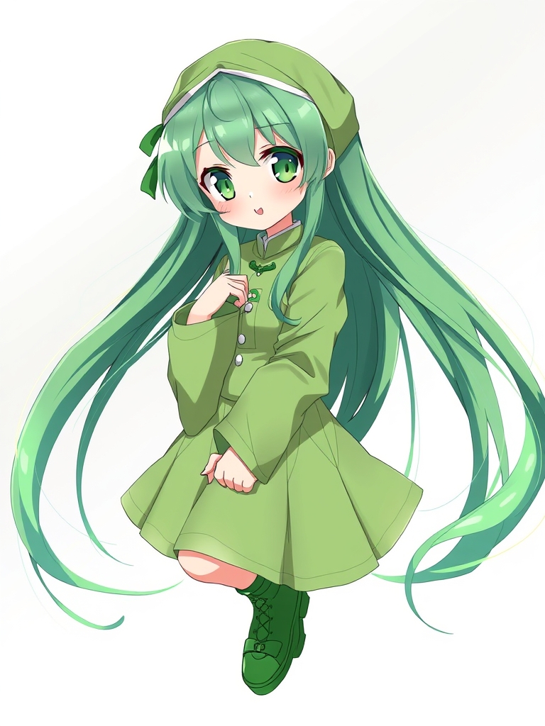 دختری سبز نژاد با لباس های سبز موهایی بلند سبز با چشم های سبز دختری انیمه ای و و لب های قشنگ و کفش های سبز12