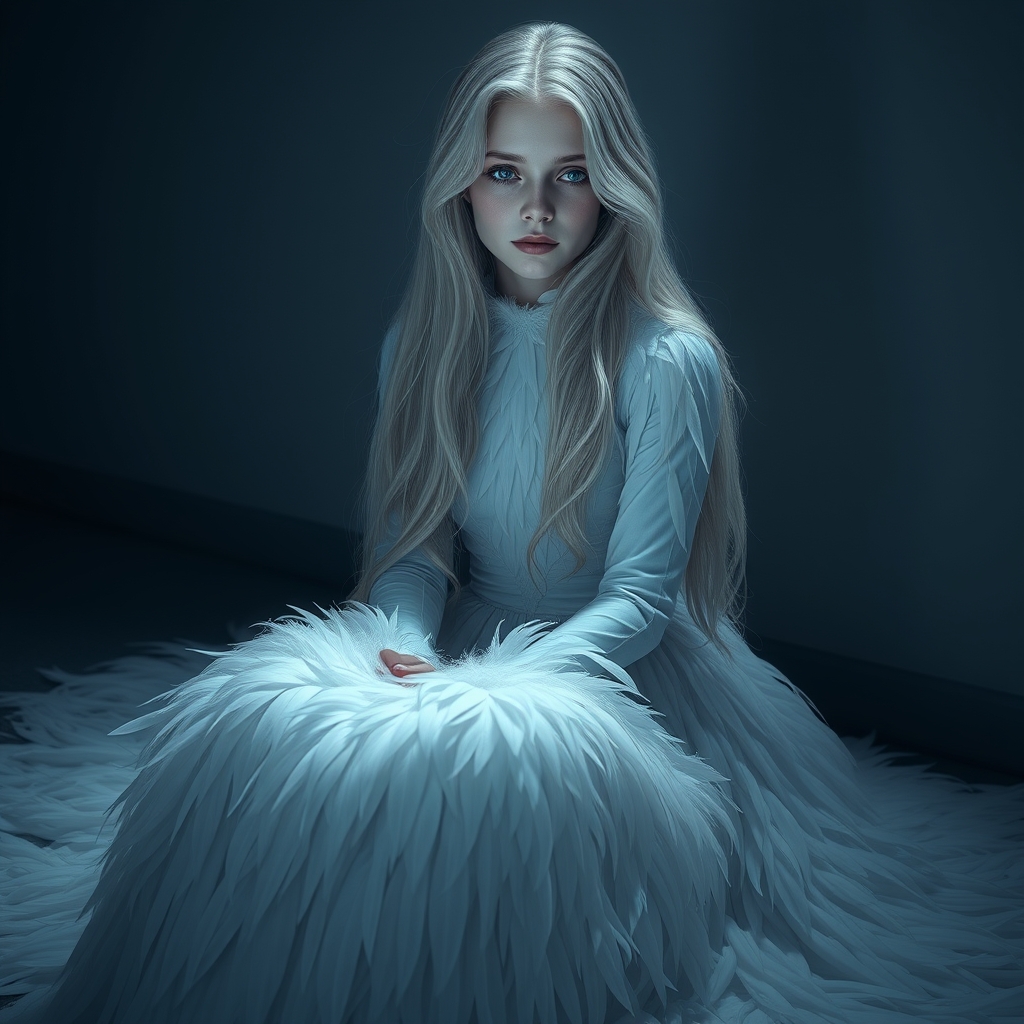 یه دختر‌ با لباس بلند از جنس پر پرنده با موهای سفید مایل به یخی و چشمان آبی که افسردگی دارد و گوشه ای نشسته در روشنای مایل به تاریکی10