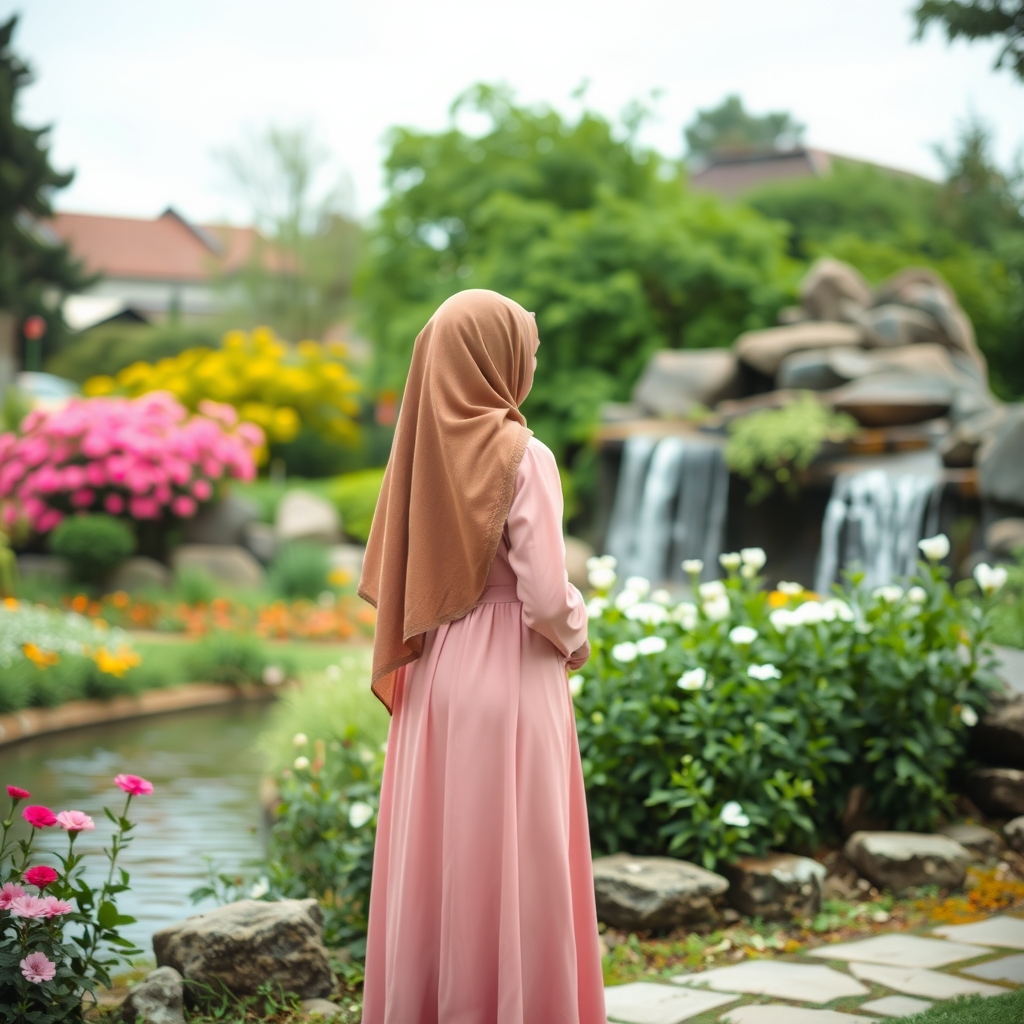 یه دختر محجبه با لباس بلند صورتی پشت به دوربین ایستاده پدر یک باغ گل هست و در کنار باغ یه آبشار 23